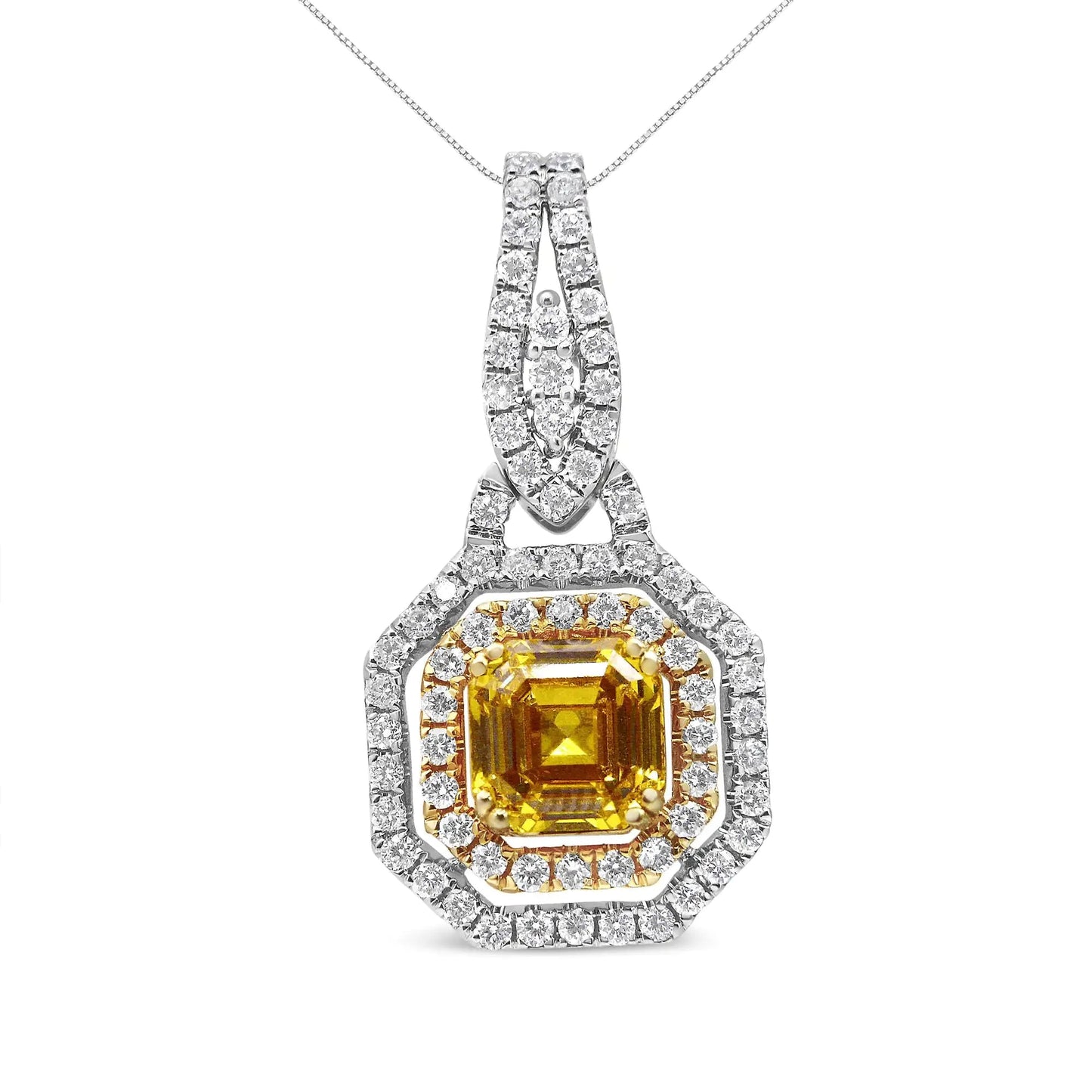 18K White and Yellow Gold 2 3/5 Cttw Lab Grown Yellow Asscher Diamond Double Framed Halo 18" Pendant Necklace (Yellow/G-H Color, VS1-VS2 Clarity) WEM Support (www.WEM.support)