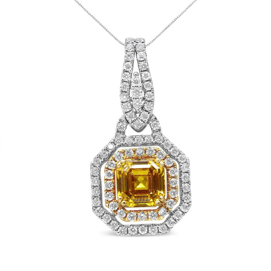 18K White and Yellow Gold 2 3/5 Cttw Lab Grown Yellow Asscher Diamond Double Framed Halo 18" Pendant Necklace (Yellow/G-H Color, VS1-VS2 Clarity) WEM Support (www.WEM.support)