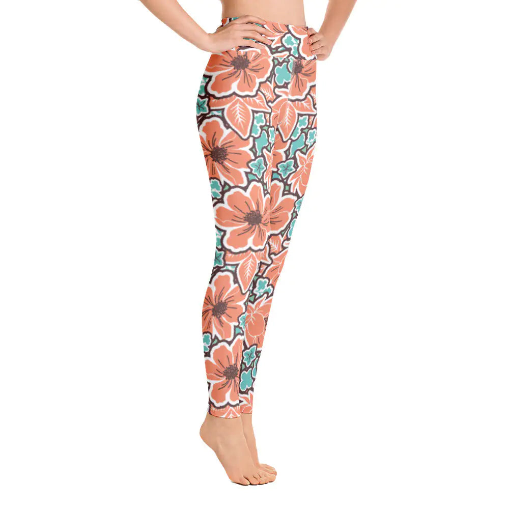 Women's Tropical Red Floral Yoga Leggings WEM Support (www.WEM.support)