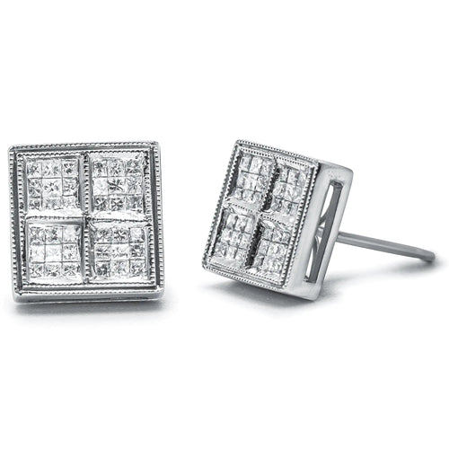 14K White Gold 1/2 Cttw Princess Diamond Composite Box Shape Milgrain Stud Earrings (H-I Color, SI1-SI2 Clarity) WEM Support (www.WEM.support)
