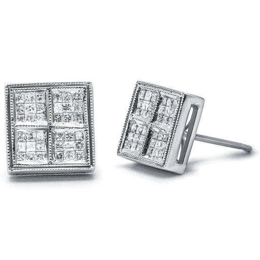 14K White Gold 1/2 Cttw Princess Diamond Composite Box Shape Milgrain Stud Earrings (H-I Color, SI1-SI2 Clarity) WEM Support (www.WEM.support)
