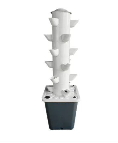 A white vegetable planting machine with plant lamp, featuring multiple holes for planting, placed on a square base.
