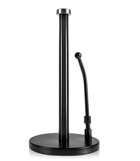 A silver vertical tissue holder designed to stand on a countertop, with a roll of tissue paper partiallyUnrolled.