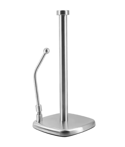 A silver vertical tissue holder designed to stand on a countertop, with a roll of tissue paper partiallyUnrolled.