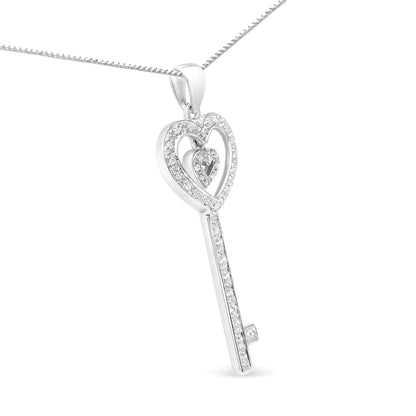 .925 Sterling Silver 1/5 Cttw Round-Cut Diamond Double Heart & Key 18" Pendant Necklace (I-J Color, I3 Clarity) WEM Support (www.WEM.support)
