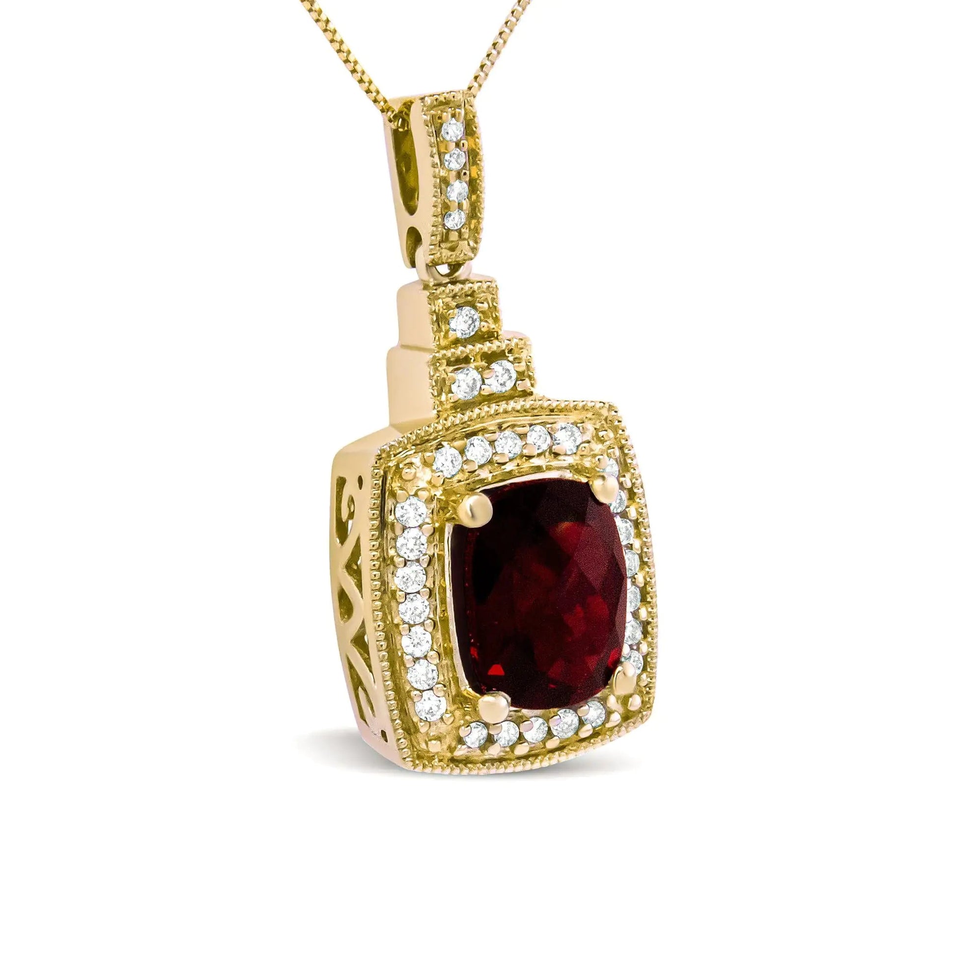 14K Yellow Gold 1/5 Cttw Round Diamond and 9x7mm Cushion Cut Red Garnet Halo 18" Pendant Necklace (H-I Color, VS1-VS2 Clarity) WEM Support (www.WEM.support)