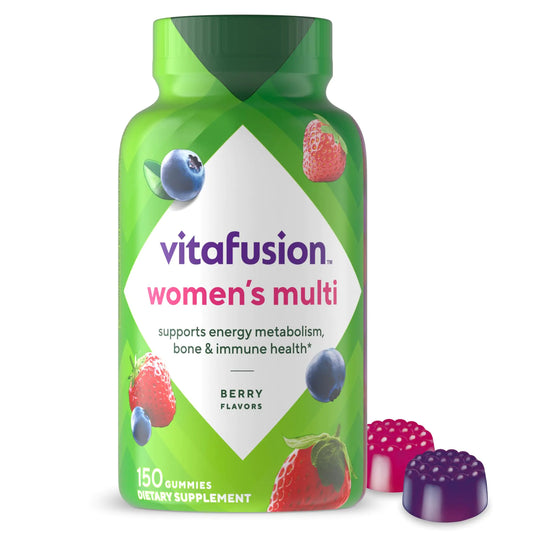 A bottle of Vitafusion Women's Multi Gummies with berry flavor, containing 150 gummies for a supply of 75 days, with images of fruits like strawberries and blueberries on the label.