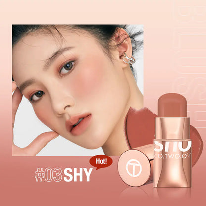 A close-up image of a woman's cheek with the blush cream applied, alongside the blush stick with the product name '#01 YOUTHFUL' highlighted.