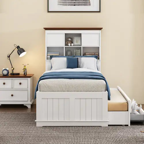 Solid Pine Captain Bookcase Bed With Trundle Bed And 3 Spacious Under Bed Drawers In Casual,Twin, White Walnut WEM Support (www.WEM.support)