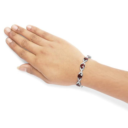 .925 Sterling Silver 7x7mm Checkered Cushion Red Garnet and Diamond Accent Fashion Tennis Link Bracelet (I-J Color, I1-I2 Clarity) - Size 7" Inch WEM Support (www.WEM.support)