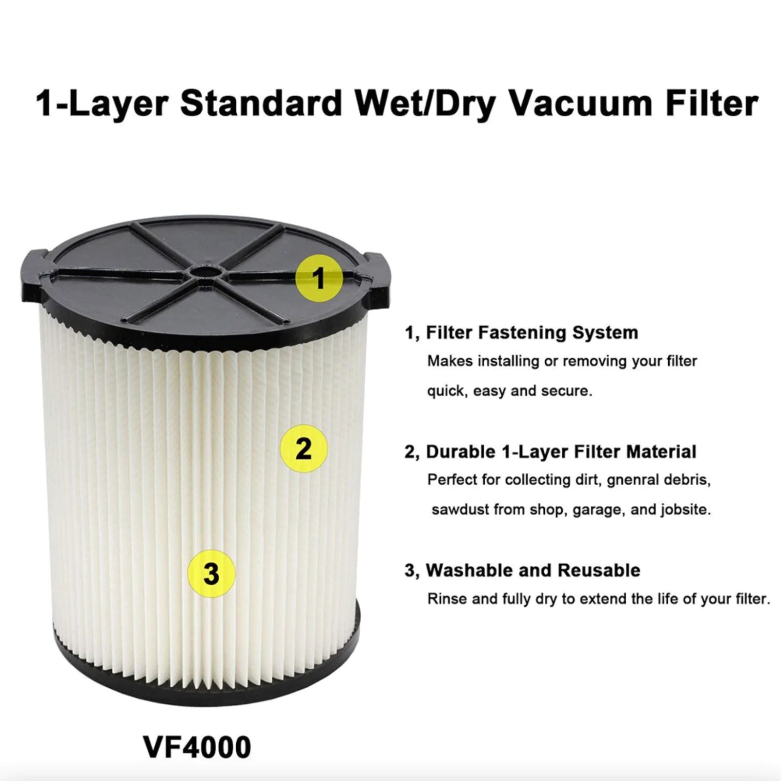 VF4000 Replacement RIDGID Wet/Dry Washable Vacuum Garage Shop Vac Pleated Filter WEM Support (www.WEM.support)