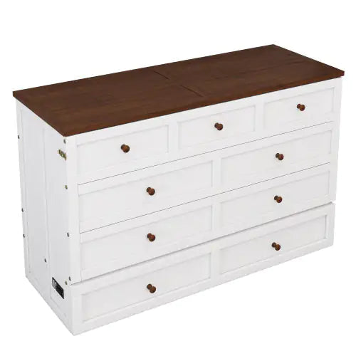 Solid Pine Murphy Bed Chest With Charging Station And Large Storage Drawer For Home Office Or Small Room , Full, White Walnut WEM Support (www.WEM.support)