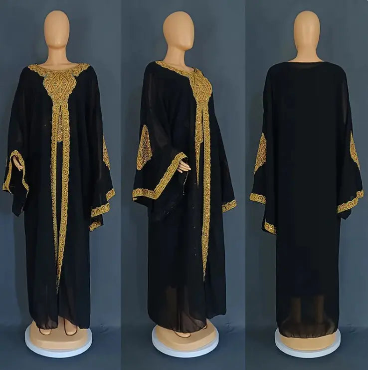 Two Piece Set Gold Kaftan Abaya Dress WEM Support (www.WEM.support)