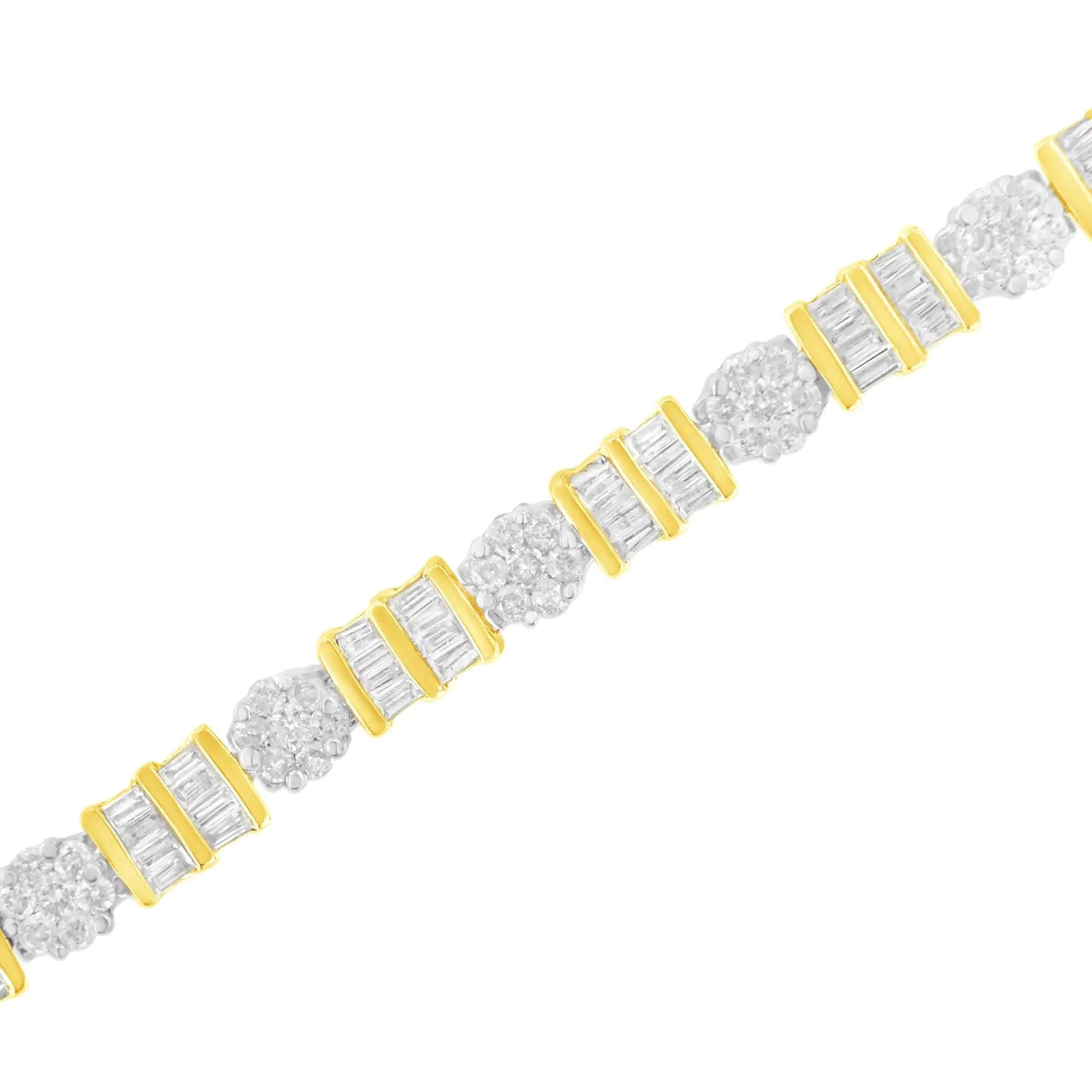 14K Gold 3-3/8 Cttw Round & Baguette-Cut Diamond Cluster Alternating Station 7" Tennis Bracelet (H-I Color, I1-I2 Clarity) WEM Support (www.WEM.support)