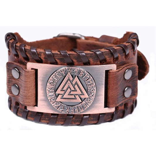 Viking Valknut Amulet Leather Bracelet WEM Support (www.WEM.support)