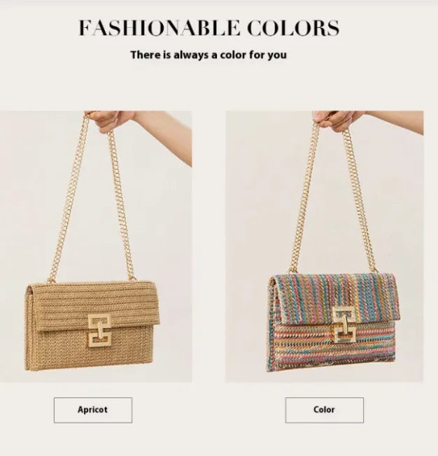 Women's Chain Flap Screw Lock Straw Bag WEM Support (www.WEM.support)