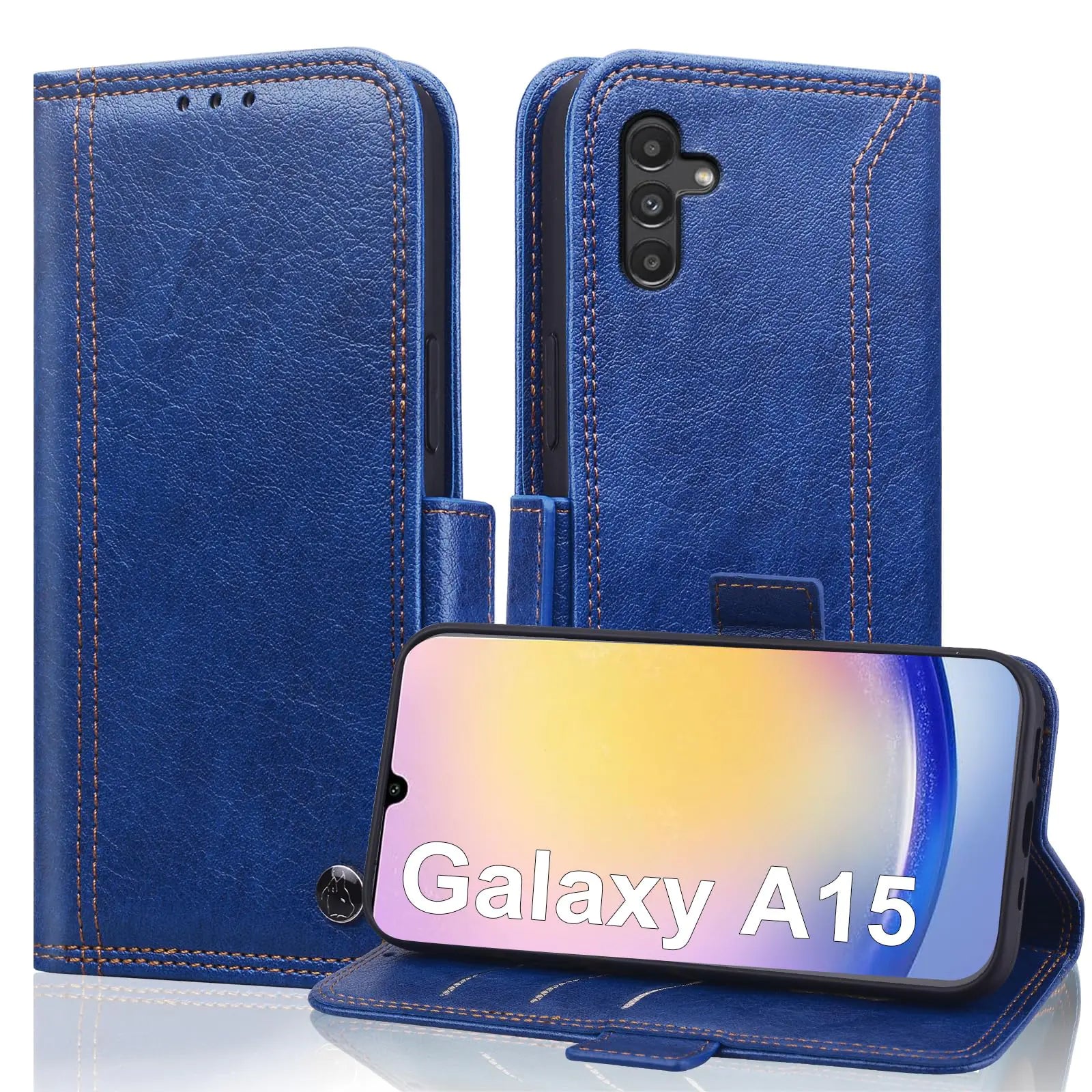 A brown PU leather folio flip case with kickstand, designed for Samsung Galaxy A15 5G phone, displayed open and closed with the phone partially inserted.