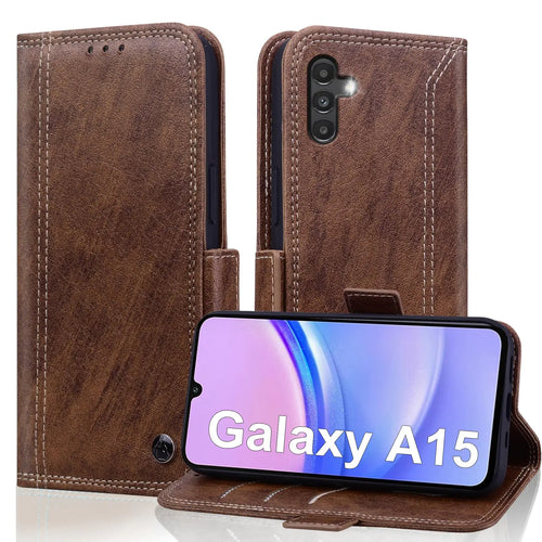 A brown PU leather folio flip case with kickstand, designed for Samsung Galaxy A15 5G phone, displayed open and closed with the phone partially inserted.