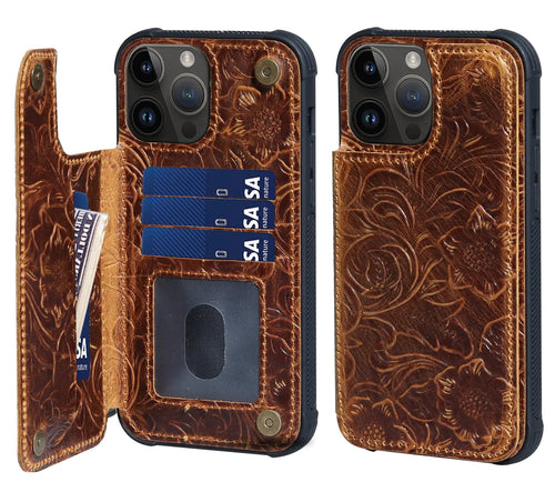 A brown leather wallet case with a floral pattern, showcasing the case's interior with card slots and a flip cover design, including magnetic buckles and a kickstand.