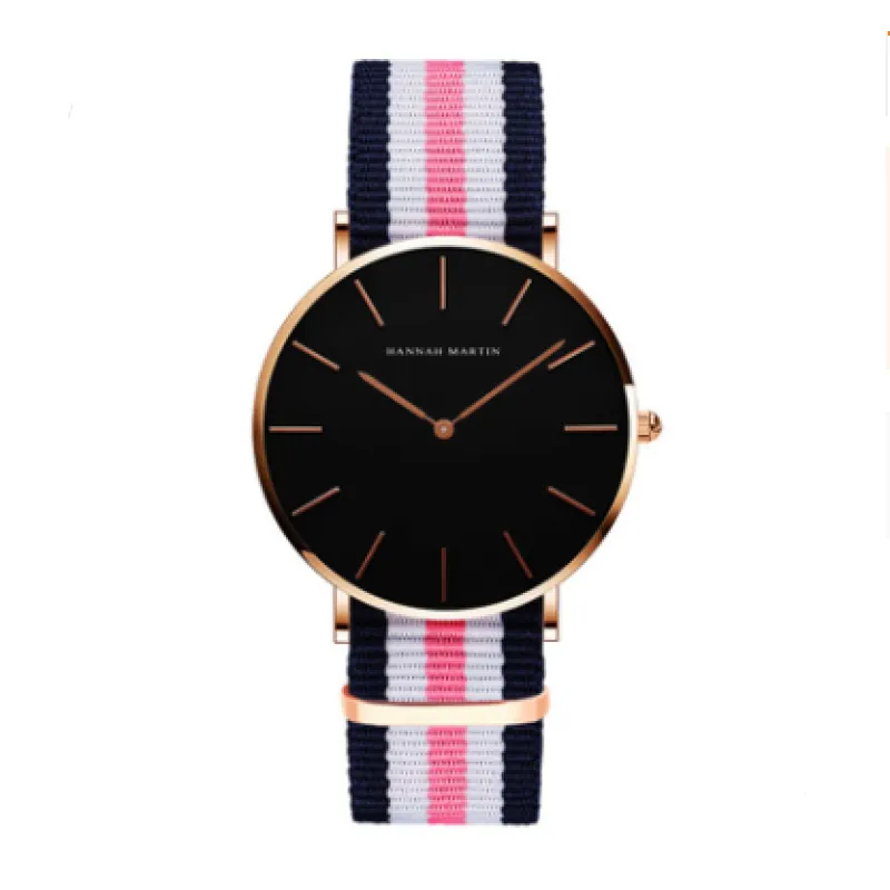 A black and rose gold waterproof leather watch with a striped pink and blue strap, and a sleek design.