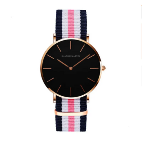 A black and rose gold waterproof leather watch with a striped pink and blue strap, and a sleek design.