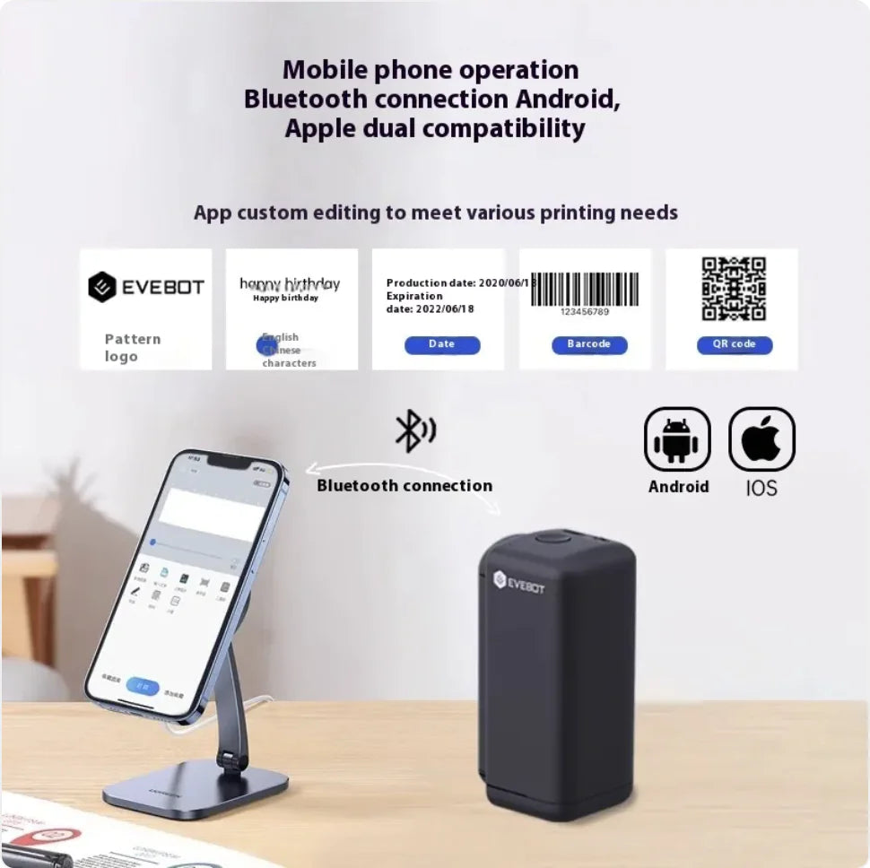 A black mini coding machine with Bluetooth connectivity, compatible with Android and iOS devices, displayed next to a smartphone that indicates mobile phone operation. The image highlights features such as a single ink cartridge and app custom editing for various printing needs.
