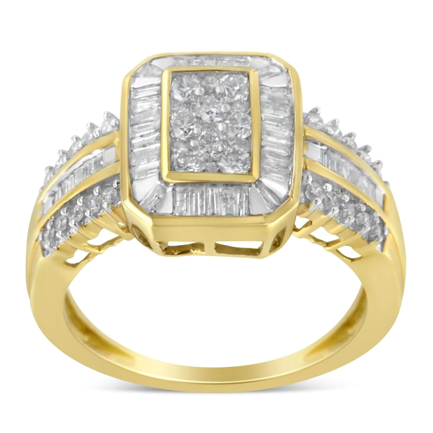10K Yellow Gold Round and Baguette-Cut Diamond Cocktail Ring (1.0 Cttw, H-I Color, SI2-I1 Clarity) WEM Support (www.WEM.support)