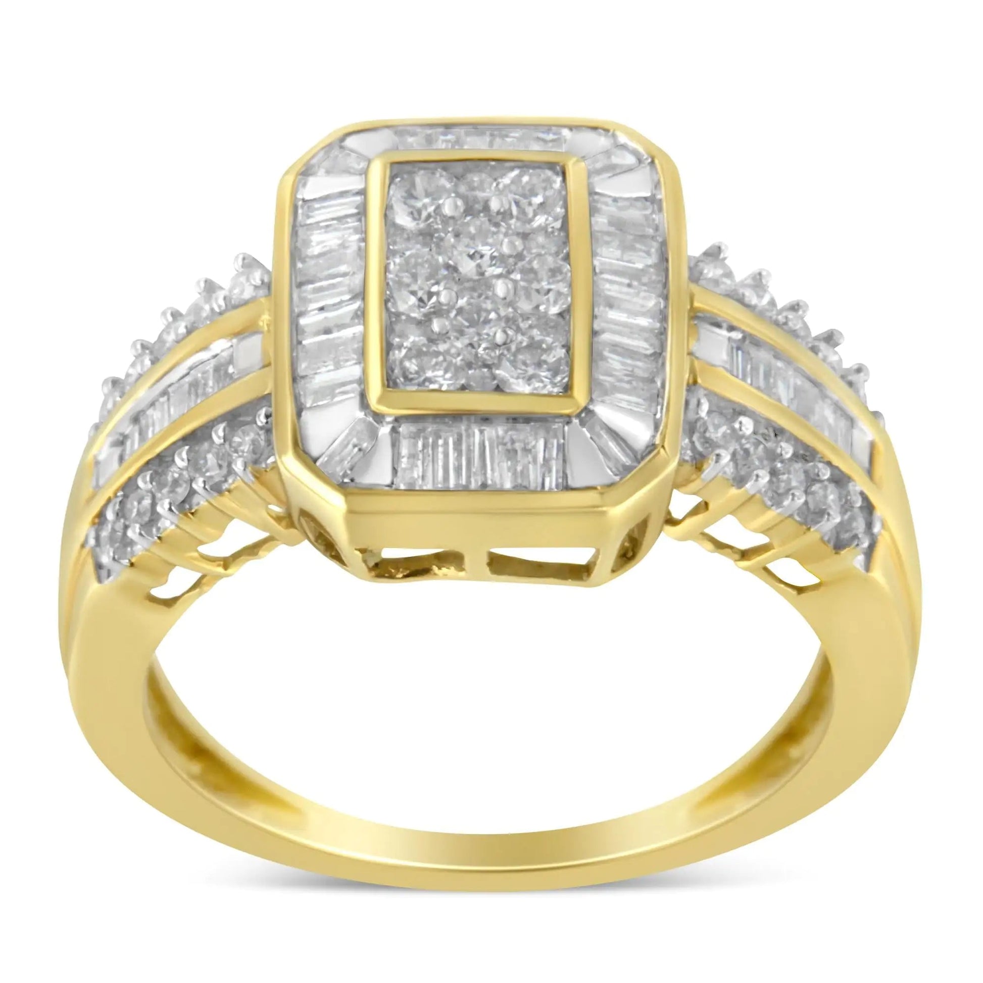 10K Yellow Gold Round and Baguette-Cut Diamond Cocktail Ring (1.0 Cttw, H-I Color, SI2-I1 Clarity) WEM Support (www.WEM.support)
