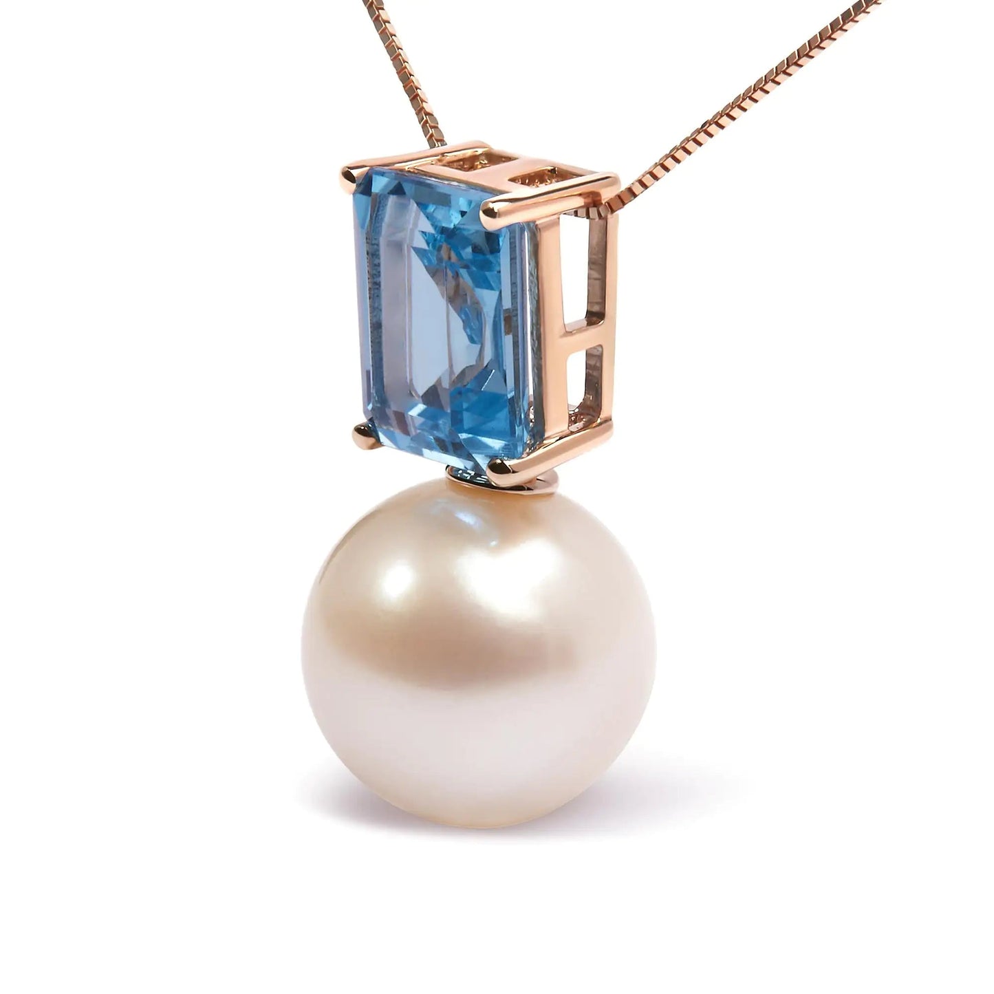 14K Rose Gold 11MM Cultured Freshwater Pearl and 9x7mm Octagon Swiss Blue Topaz Pendant Necklace - 18" Inches WEM Support (www.WEM.support)