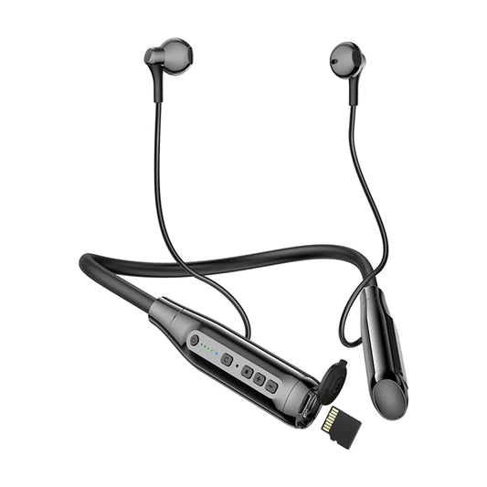 Black wireless Bluetooth earbuds with a neckband, including a control panel and a TF card slot, indicating waterproof and noise cancellation features.