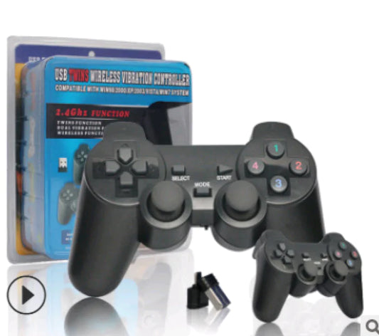 A black wireless game controller for PS3, TV box & PC displayed alongside its packaging which has 'USB Wireless Vibration Controller' written on it.