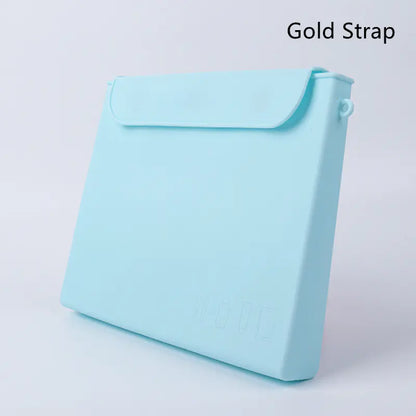 A sky blue silicone cosmetic organizer with a gold strap, displayed against a white background.