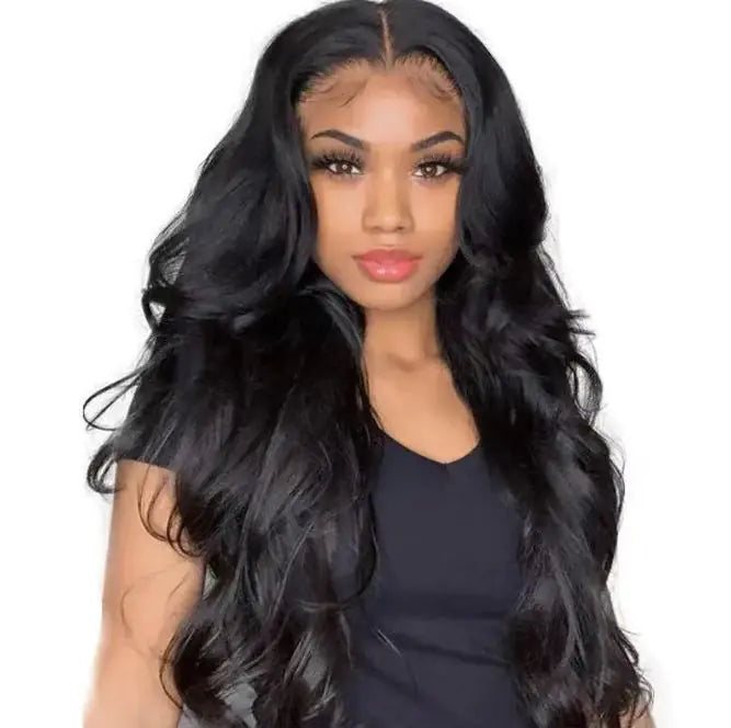 A woman wearing a long, wavy, black lace front wig.