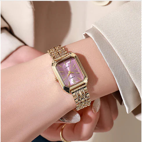 A women's watch with a square dial and a gold-colored steel strap, featuring the brand name XIMILY on the dial.