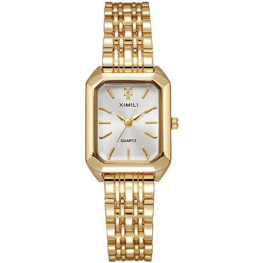 A women's watch with a square dial and a gold-colored steel strap, featuring the brand name XIMILY on the dial.