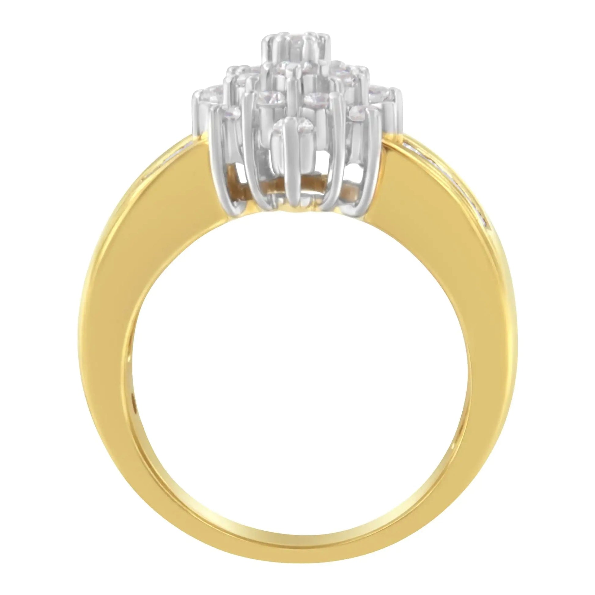 10K Yellow Gold 1.0 Cttw Round & Baguette Cut Diamond Floral Cluster Double-Channel Flared Band Statement Ring (H-I Color, SI2-I1 Clarity) WEM Support (www.WEM.support)