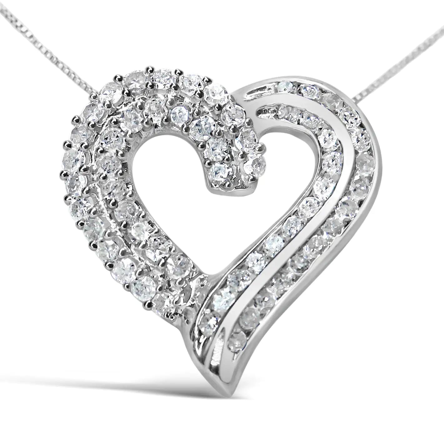 .925 Sterling Silver 1.0 Cttw Prong & Channel-Set Diamond Open work Ribbon Heart Pendant 18" Necklace (I-J Color, I3 Clarity) WEM Support (www.WEM.support)