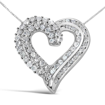 .925 Sterling Silver 1.0 Cttw Prong & Channel-Set Diamond Open work Ribbon Heart Pendant 18" Necklace (I-J Color, I3 Clarity) WEM Support (www.WEM.support)