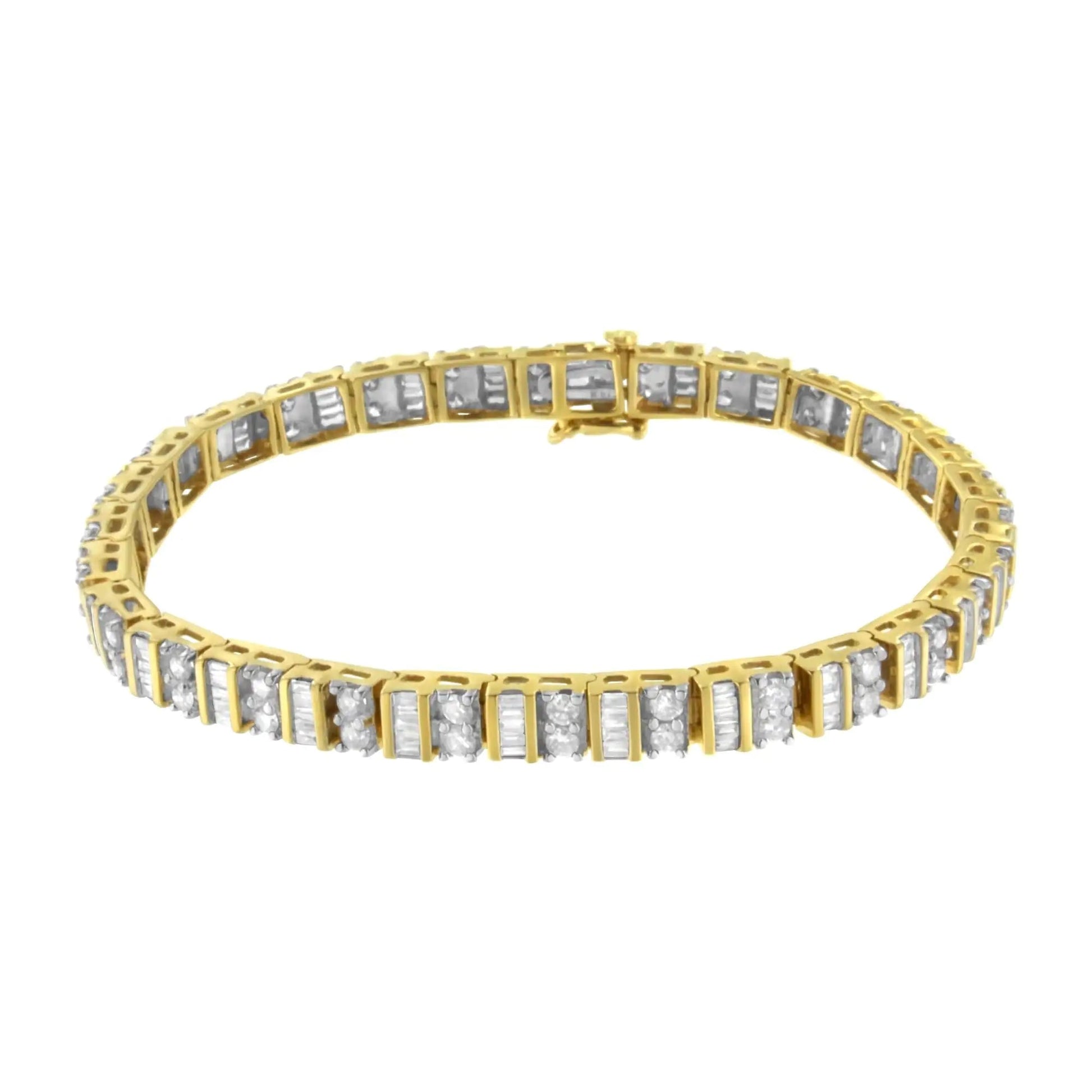 14KT Yellow Gold 4.0 Cttw Baguette & Round Brilliant-Cut Diamond Channel & Prong-Set Tennis Bracelet (H-I Color, SI2-I1 Clarity) - 7" WEM Support (www.WEM.support)