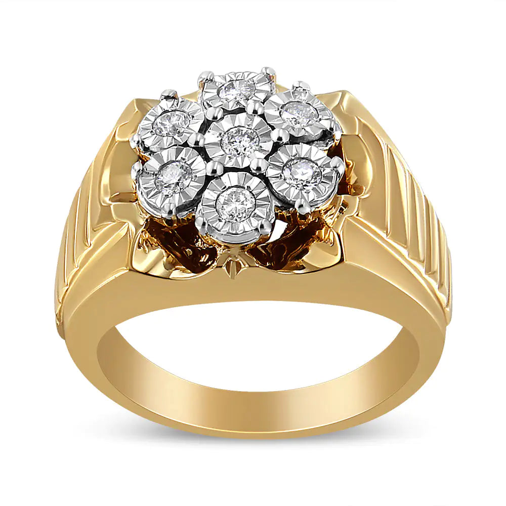 Anillo de Racimo de Diamantes Florales Milagroso de 1/3 Quilate en Plata Esterlina .925 Bañada en Oro Amarillo de 14K (Color I-J, Claridad I1-I2) WEM Support (www.WEM.support)