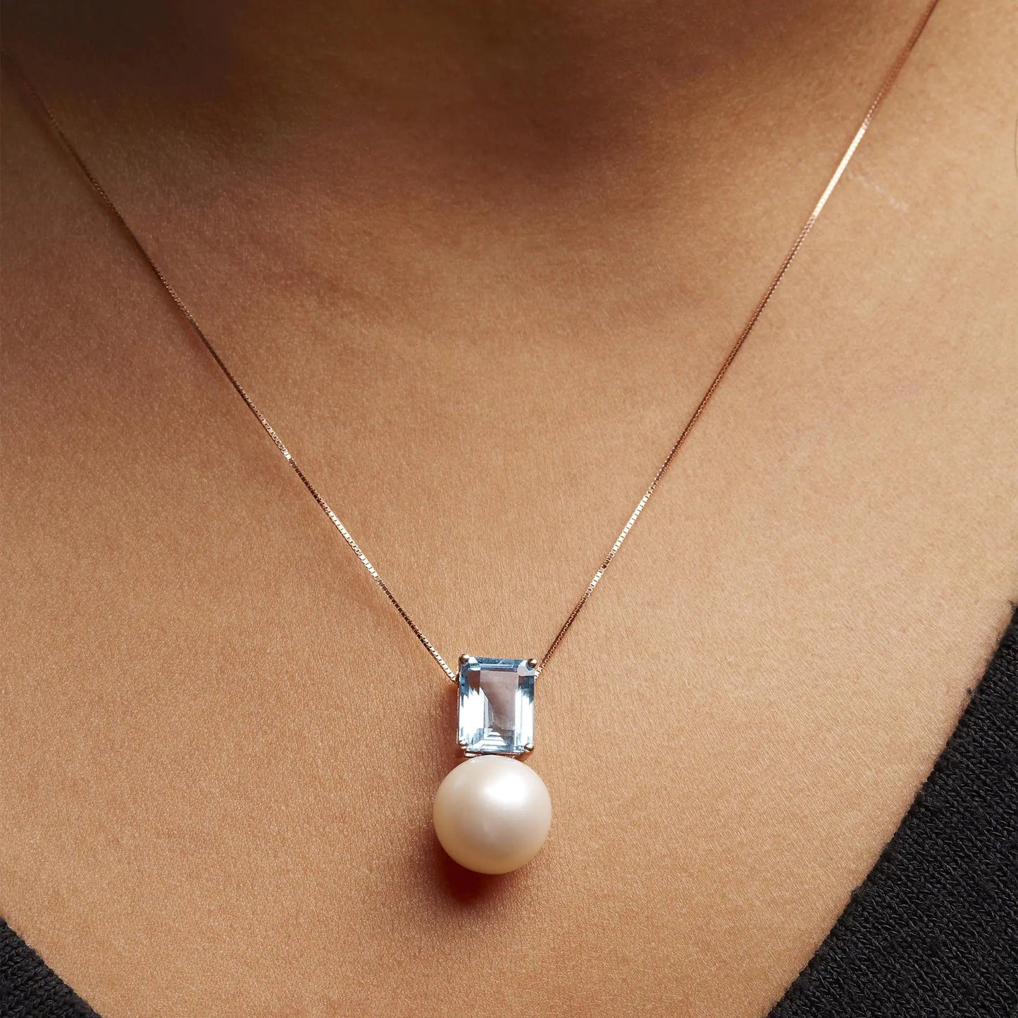 14K Rose Gold 11MM Cultured Freshwater Pearl and 9x7mm Octagon Swiss Blue Topaz Pendant Necklace - 18" Inches WEM Support (www.WEM.support)