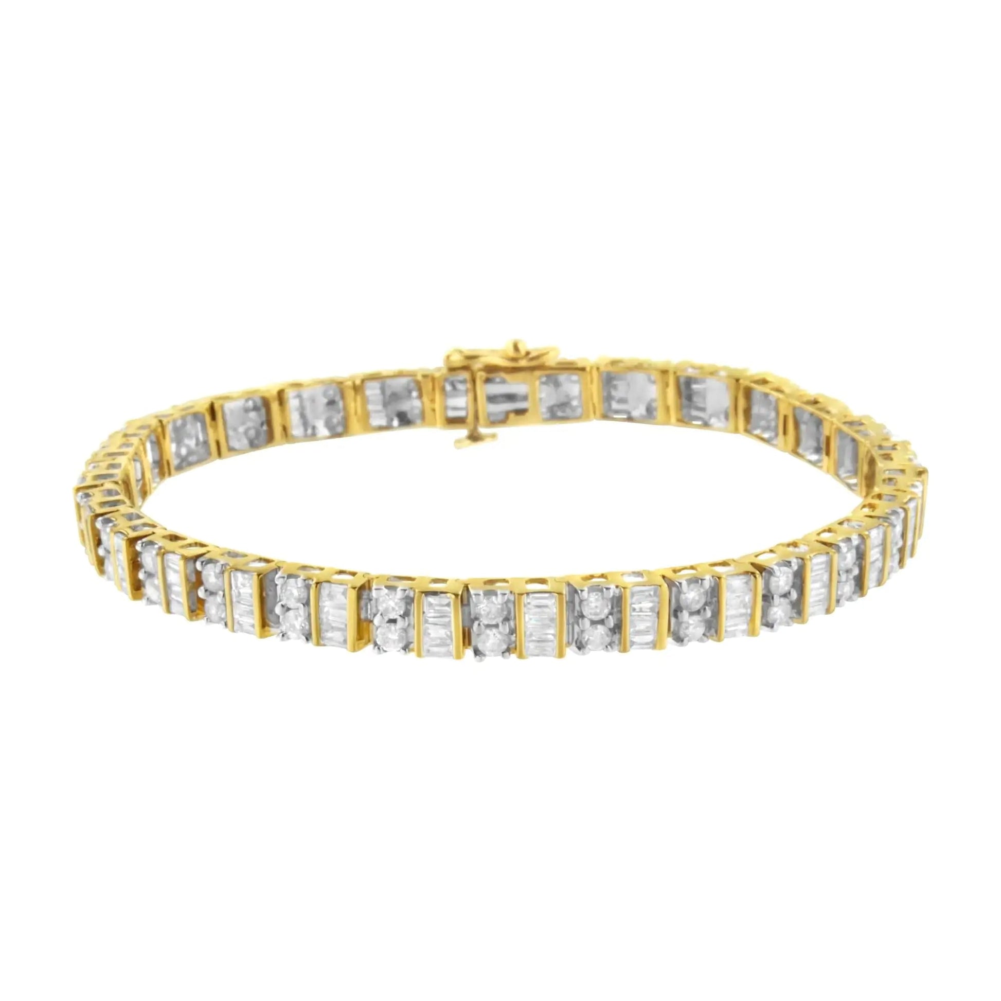 10K Yellow Gold 4.0 Cttw Alternating Baguette & Round Cut Diamond Bezel- & Prong-Set 7" Tennis Bracelet (G-H Color, SI1-SI2 Clarity) WEM Support (www.WEM.support)