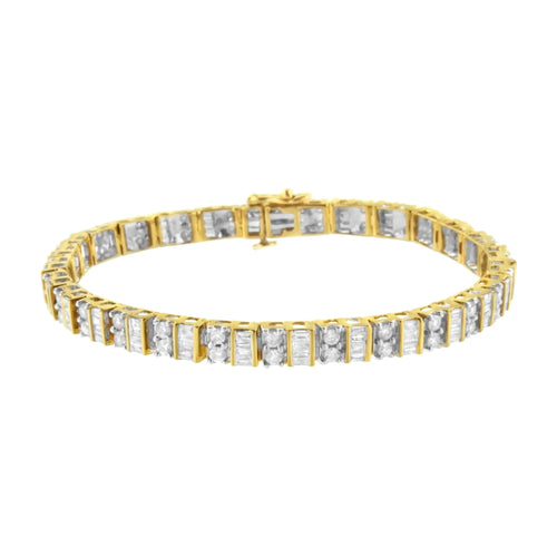 10K Yellow Gold 4.0 Cttw Alternating Baguette & Round Cut Diamond Bezel- & Prong-Set 7" Tennis Bracelet (G-H Color, SI1-SI2 Clarity) WEM Support (www.WEM.support)