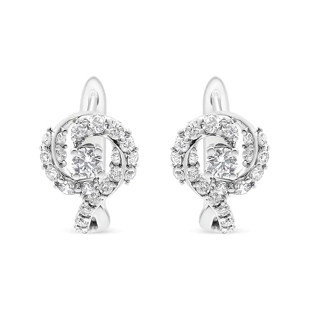 14K White Gold 5/8 Cttw Diamond Solitaire Halo Swirl Huggie Hoop Earrings (J-K Color, SI2-I1 Clarity) WEM Support (www.WEM.support)