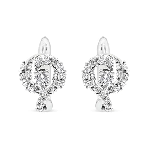 14K White Gold 5/8 Cttw Diamond Solitaire Halo Swirl Huggie Hoop Earrings (J-K Color, SI2-I1 Clarity) WEM Support (www.WEM.support)