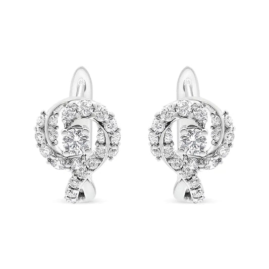 14K White Gold 5/8 Cttw Diamond Solitaire Halo Swirl Huggie Hoop Earrings (J-K Color, SI2-I1 Clarity) WEM Support (www.WEM.support)