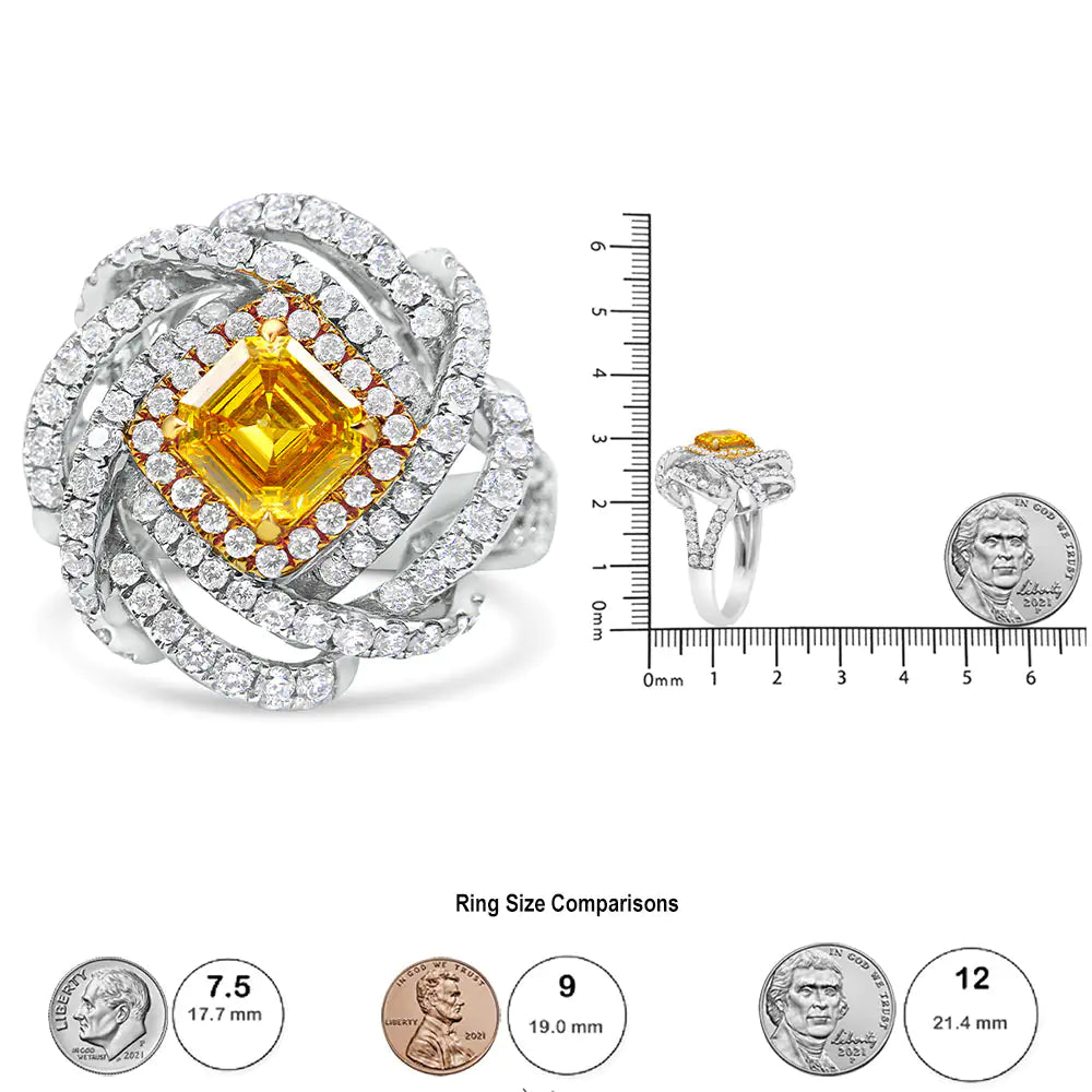 18K White and Yellow Gold 2 1/2 Cttw Yellow Asscher Lab Grown Center Diamond Cluster Swirl Ring (Yellow/G-H Color, VS1-VS2 Clarity) WEM Support (www.WEM.support)