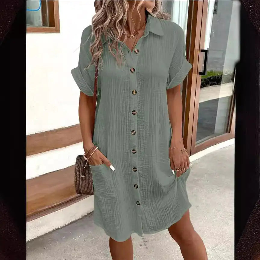 Summer Short Sleeve Shirt Dress Fashion Solid Color Single-breasted Mid-length Loose Dress WEM Support (www.WEM.support)