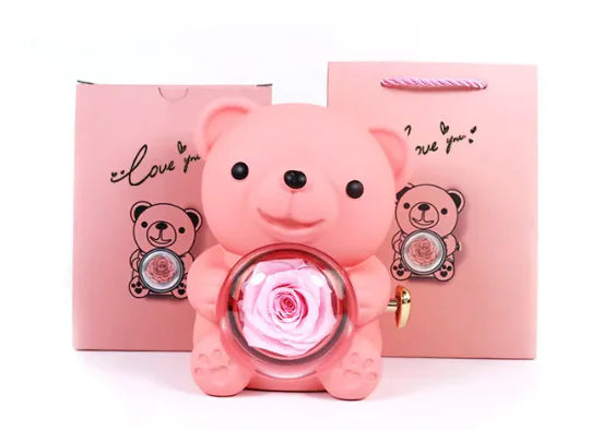 Eternal Rose Teddy Bear Jewelry Box & Necklace WEM Support (www.WEM.support)