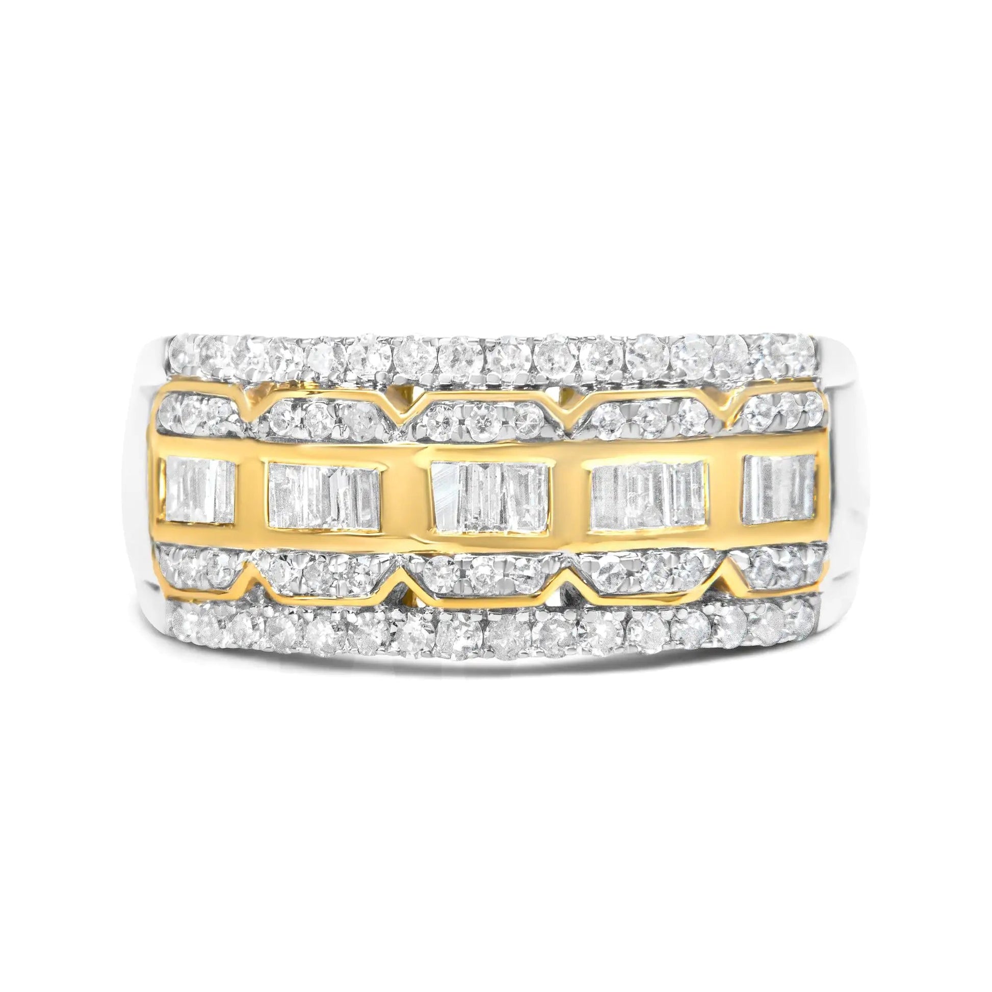 10K White and Yellow Gold 1.00 Cttw Baguette and Round cut Diamond Art Deco Multi-Row Ring Band (I-J Color, I1-I2 Clarity) WEM Support (www.WEM.support)